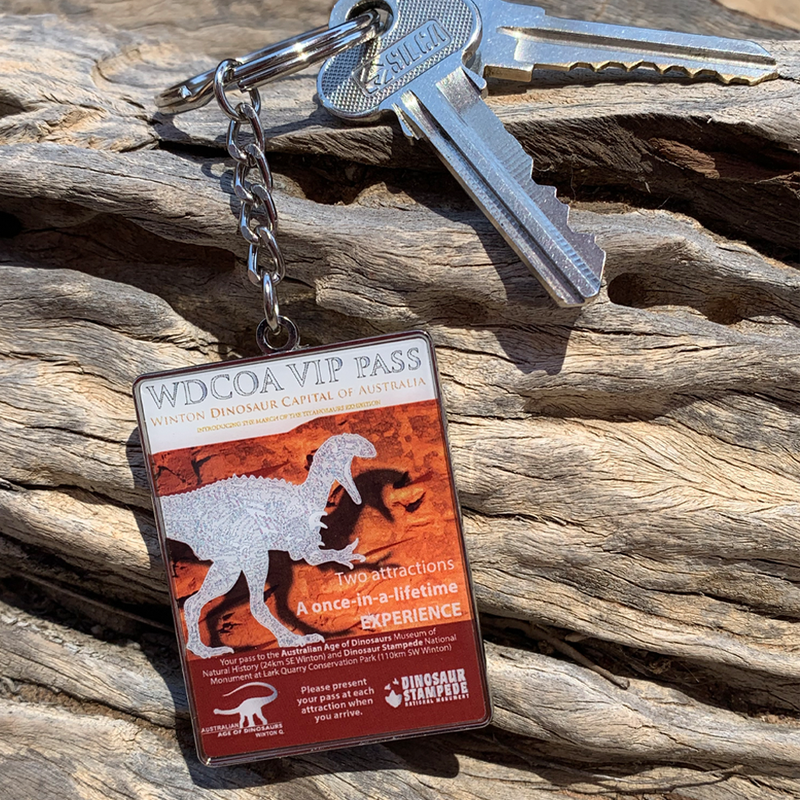 Winton Dinosaur Capital of Australia (WDCOA) VIP pass metal keyring